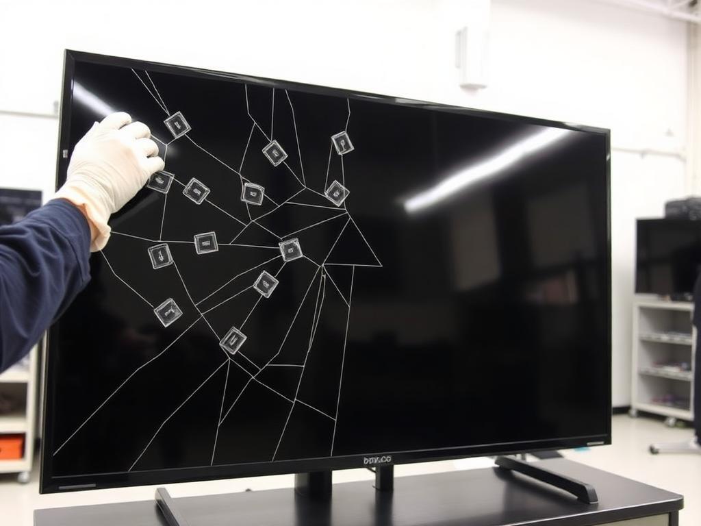 Técnico manipulando display quebrado de TV com luvas de proteção
