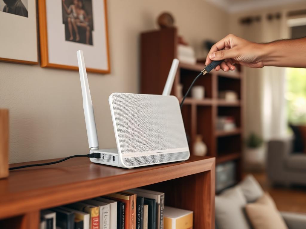 Roteador Wi-Fi mesh sendo instalado em sala de residência